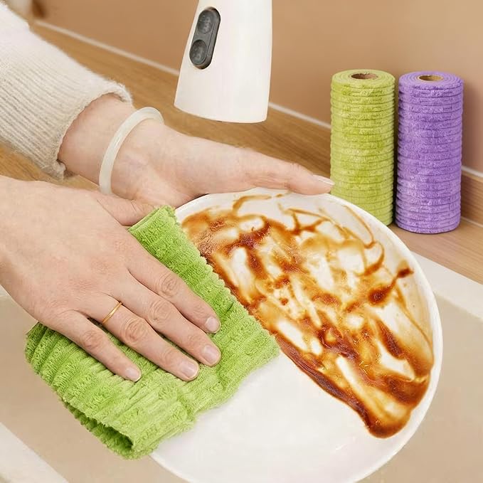 Tear‑Away Coral Fleece Cleaning Cloth Roll, Wet & Dry Dual‑Use Kitchen Dish Rags